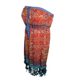 Flying Tomato Strapless Boho Dress M Red Paisley Fringe Hem Festival Maxi